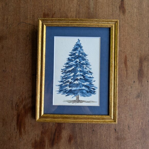 Blue  Original Watercolor Christmas Tree in Wooden Frame - Picture 6 of 7